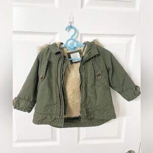 ZARA Baby Olive Green Parka Jacket 9-12M | 2-in-1 Reversible Coat with Faux Fur
